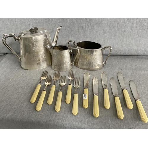 343 - Silver plated 3 piece tea set & a set of fish knives & forks