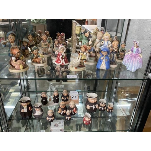 345 - 2 shelves of 30 Hummel & Goebel figurines inc. Monks, Angle candle holder, Letter to Santa Claus, Po... 