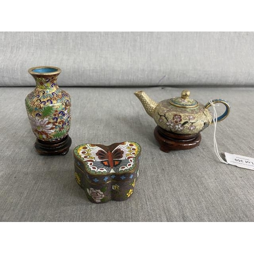 350 - Cloisonné teapot, vase & Butterfly trinket box