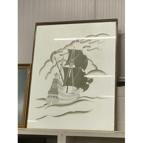 356 - Vintage silvered etched mirror of a galleon with frame 89x116cm (Not currently in frame)