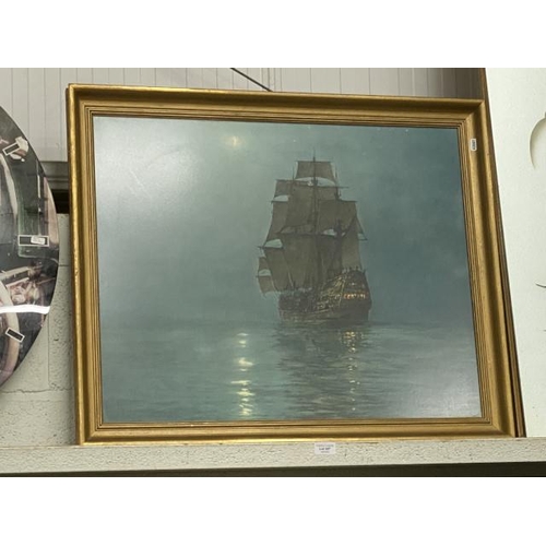 357 - Gilt framed 'Galleon in Moonlight' print by Montague Dawson 85x70cm