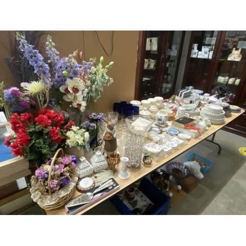 392 - Large selection of glassware, silk flowers, figurines, 3 pieces of Royal Crown Derby, Myott part din... 