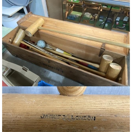 401 - Cased Jaques croquet set including 4 mallets, 4 balls, six hoops & end post (Wooden case showing wor... 