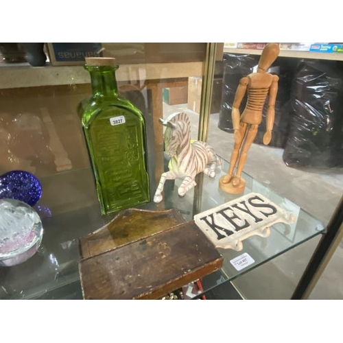 407 - Green glass 'Lemonade' bottle, cast 'Key' hooks, wooden artists mannequin, resin Zebra etc.