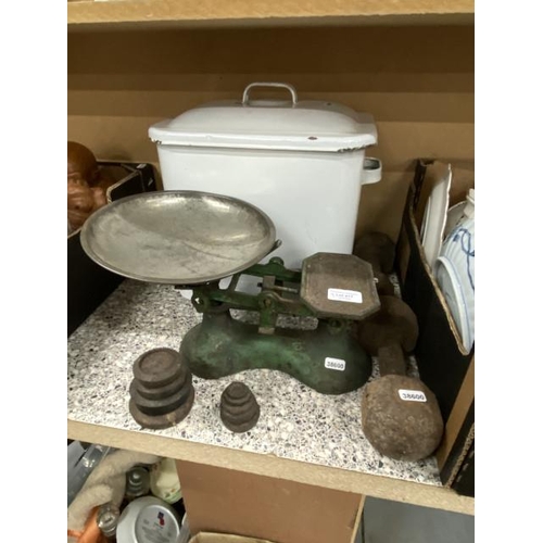 417 - Vintage scales, assorted weights and an enamel bread bin