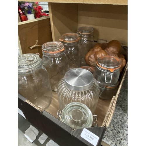 418 - 2 Kilner jars, 4 kitchen craft jars, ‘Weeping Buddha’ etc