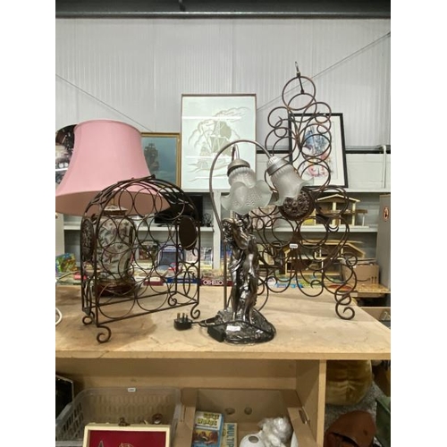 425 - Art Nouveau style figurine table lamp with glass shades 55H & 2 metal wine racks 10 & 11 bottles