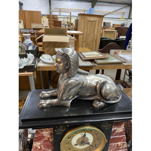 241 - Late 19th century black marble Egyptian revival mantle clock with pendulum & keys (Recently serviced... 