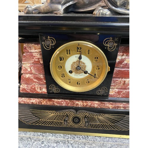 241 - Late 19th century black marble Egyptian revival mantle clock with pendulum & keys (Recently serviced... 