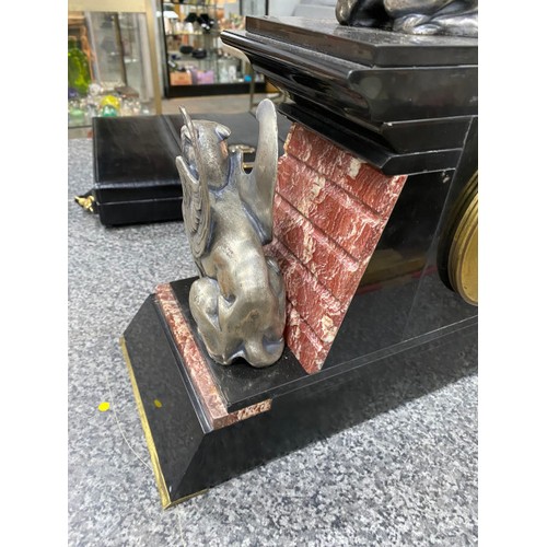 241 - Late 19th century black marble Egyptian revival mantle clock with pendulum & keys (Recently serviced... 