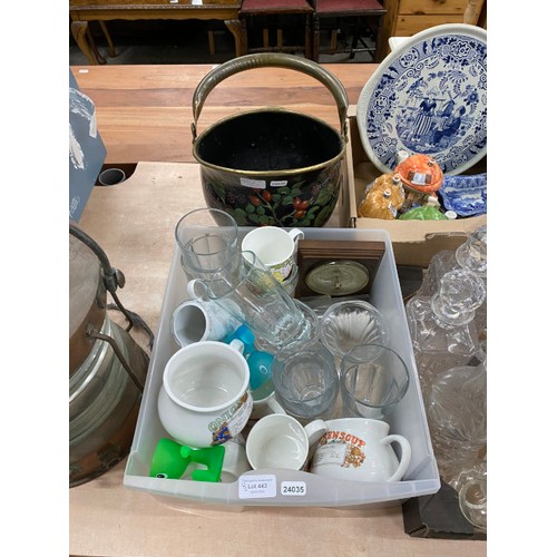 443 - Quantity of assorted collectables including painted brass coal bucket, 4 novelty teapots by The Vill... 