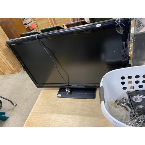 456 - Basket of door levers and hinges, Toshiba LCD 37AV55D with power lead (no remote), cast planters, Ch... 