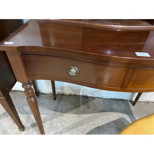 97 - Mahogany ladies writing desk with one key 103H 84W 45D and a Victorian mahogany balloon back chair