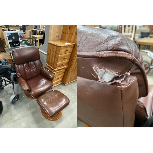 126 - Global Alliance Furniture Ltd brown leather reclining swivel lounge chair 83W with a matching footst... 