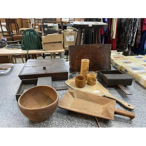 218 - 2 bamboo oriental ink pots, 2 oak church collection boxes, bread board, turned treen bowl, oak stool... 