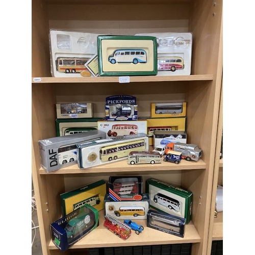 222 - 3 shelves of model vehicles (some boxed) including CORGI Classic & Conoisseur coach collections Bart... 