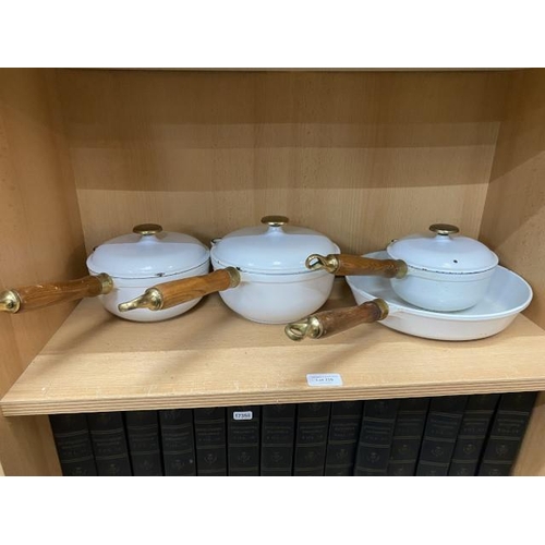 226 - Set of 3 cast iron enamel pans with lids & matching frying pan made by Salter