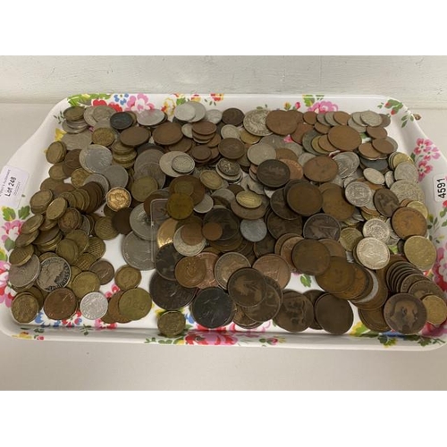 248 - Tray of coins inc. tokens, half crowns, crowns, foreign, three pence pieces etc.