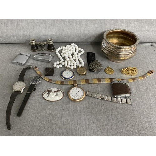 254 - Tray of collectables inc. opera glasses, 3 Ronson lighters, Waltham gilt pocket watch, vintage Timex... 