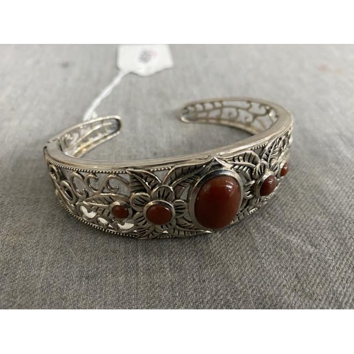 258 - Silver & coral cuff bangle