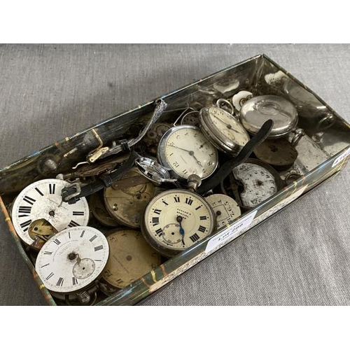 299 - Tin of pocket watches & spares inc. J.G. Grave's Sheffield, Parker's, T. Harland, Huddersfield & Wak... 