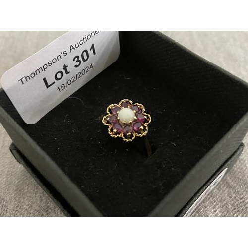 301 - 9ct gold, ruby & opal cluster ring (size N)