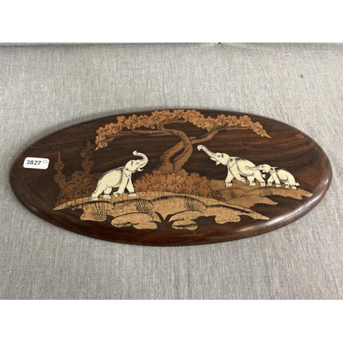 323 - 1920/30’s inlaid oval wooden plaque - Bangalore, India 17x36cm