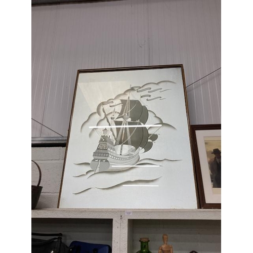 328 - Vintage silvered etched mirror of a galleon with frame 89x116cm (Not currently in frame)