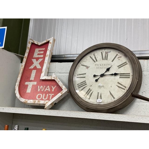 330 - Arrow 'Exit' light up sign 51x70cm & Pickering Station wall clock 58cm diameter