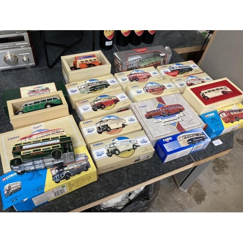 340 - 18 boxed CORGI classic coaches including 97181 Timpsons AEC Regal coach; 96993 Thorneycroft Bus Yell... 