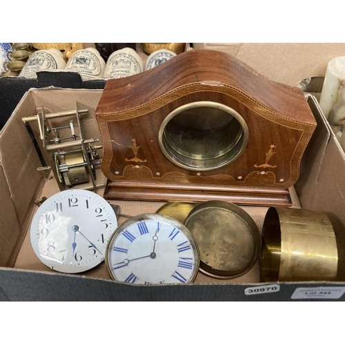 345 - Box of clock parts & mahogany inlaid clock case