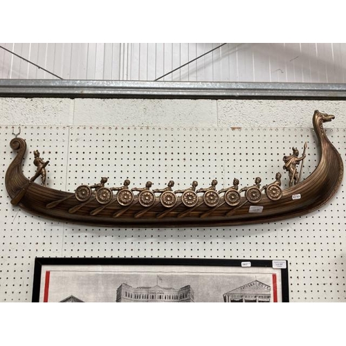 356 - Syroco Inc. gilt plastic Viking ship wall hanging 97W 29H