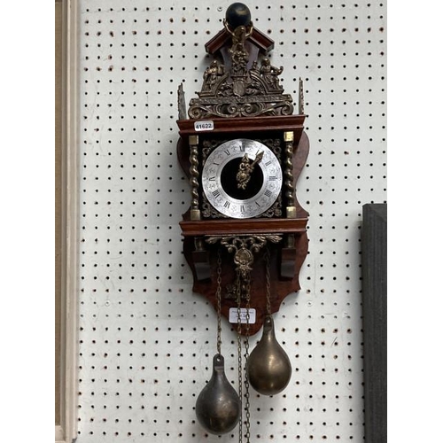 361 - Dutch wall clock with pendulum, 2 brass weights & chain