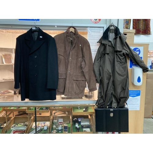 389 - Tayberry & Co. rain coat (size S), Feraud wool & cashmere gent’s coat (size L), C & A suede coat (si... 