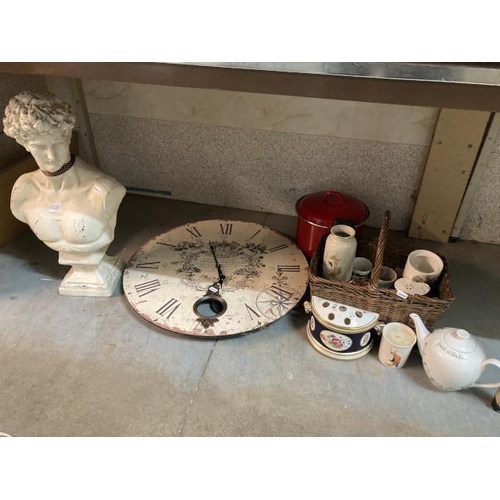 426 - Bust of Michelangelo's David 58H, shabby chic wall clock, wicker basket, pottery etc.