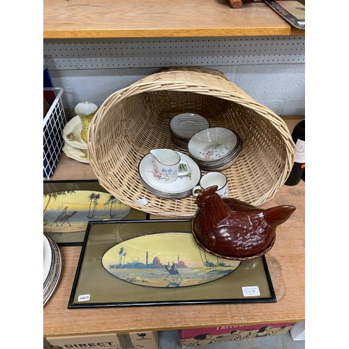 358 - Wicker basket, bread bin, claret jug (A/F), collectors plates, J&G Meakin table wares, kitchen wares... 