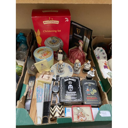 371 - 3 boxes of collectables inc. 2 Staffordshire 'Choir' girls, Crabtree Brothers stoneware bottle, fans... 