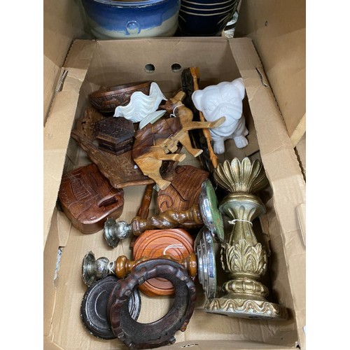 394 - 3 boxes of collectables inc. vintage telephones, hip flask, brassware, treen etc.