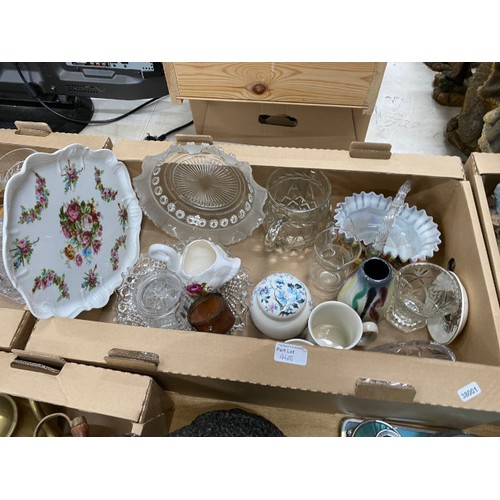 448 - Boxes of assorted collectables including brass wares, decanter and glasses, ornaments, dressing tabl... 