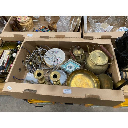 448 - Boxes of assorted collectables including brass wares, decanter and glasses, ornaments, dressing tabl... 