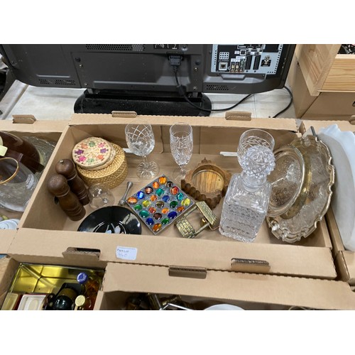 448 - Boxes of assorted collectables including brass wares, decanter and glasses, ornaments, dressing tabl... 