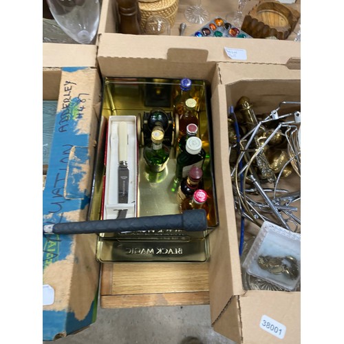 448 - Boxes of assorted collectables including brass wares, decanter and glasses, ornaments, dressing tabl... 