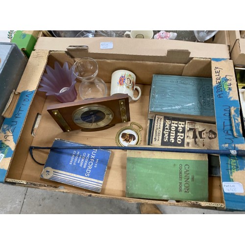 448 - Boxes of assorted collectables including brass wares, decanter and glasses, ornaments, dressing tabl... 