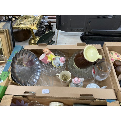 448 - Boxes of assorted collectables including brass wares, decanter and glasses, ornaments, dressing tabl... 