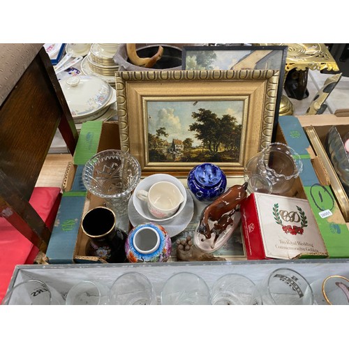 448 - Boxes of assorted collectables including brass wares, decanter and glasses, ornaments, dressing tabl... 