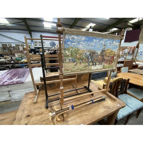 163 - 3 tapestry frames 96 x 78, 106 x 89 & 99 x 81cm and 5 walking sticks including a silver collared exa... 