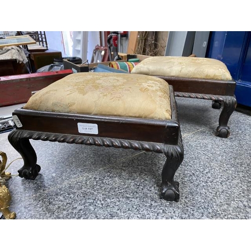 197 - Pair of mahogany footstools on claw & ball feet 34W 18H 25D