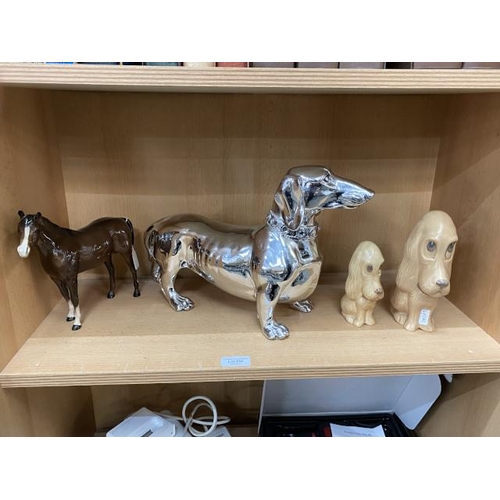 238 - Resin chrome Dachshund, Sylvac dog & puppy & Beswick horse