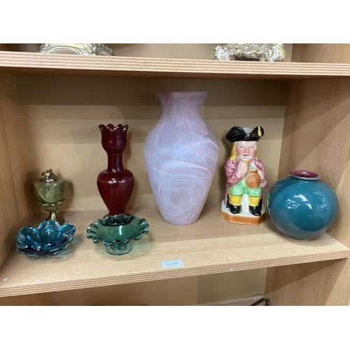 245 - Art glass swirl pink vase, Toby jug, table lighter, Capodimonte centre piece, art glass dishes etc.