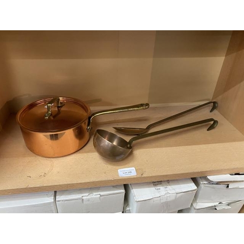 246 - Vintage copper pan and 2 copper ladles